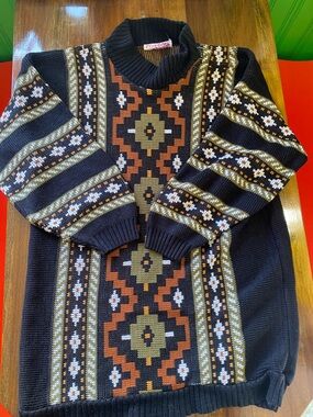 Black Turtleneck Tunic Sweater with Earth-Tone Fair Isle Pattern